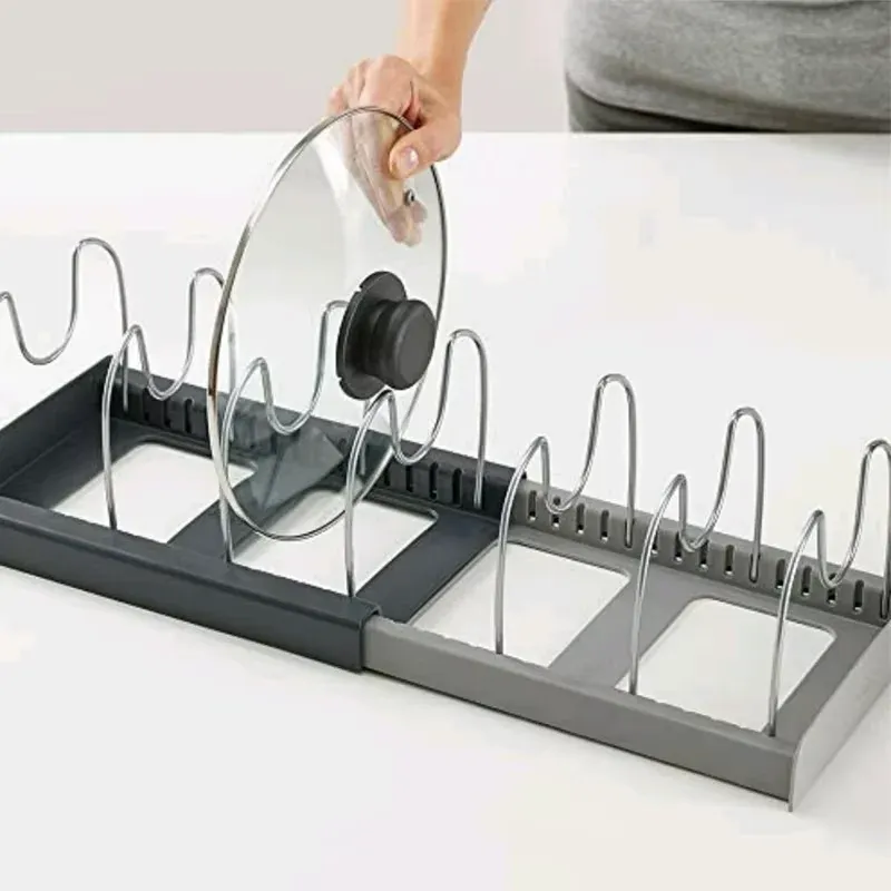 Support de rangement extensible pour casseroles et poêles, support réglable pour ustensiles de cuisine, étagère de rangement pour couvercles, égouttoir pour comptoir de cuisine et garde-manger 5