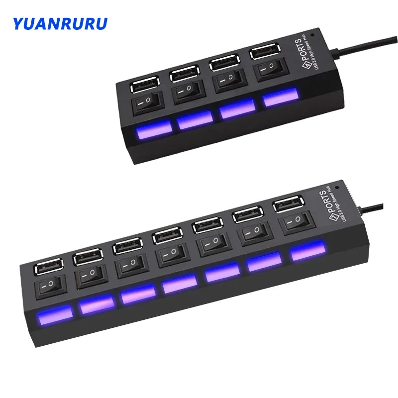 Hub USB multiport avec interrupteur pour PC, adaptateur secteur, extension USB 2.0 à 4/7 ports