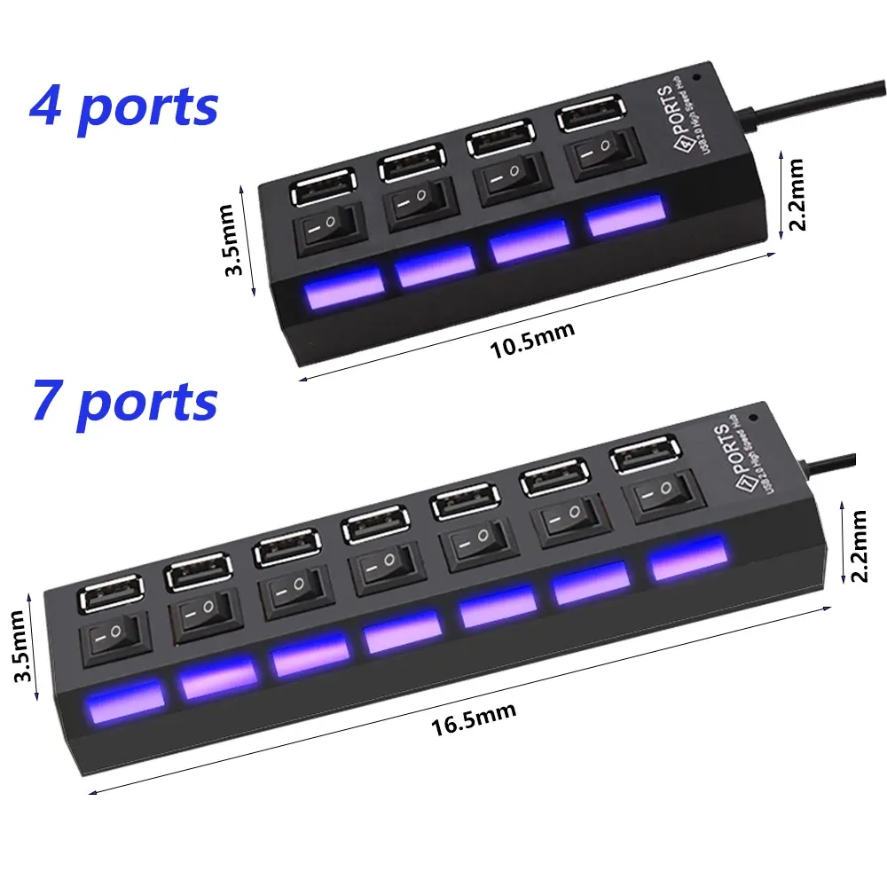 Hub USB multiport avec interrupteur pour PC, adaptateur secteur, extension USB 2.0 à 4/7 ports 2