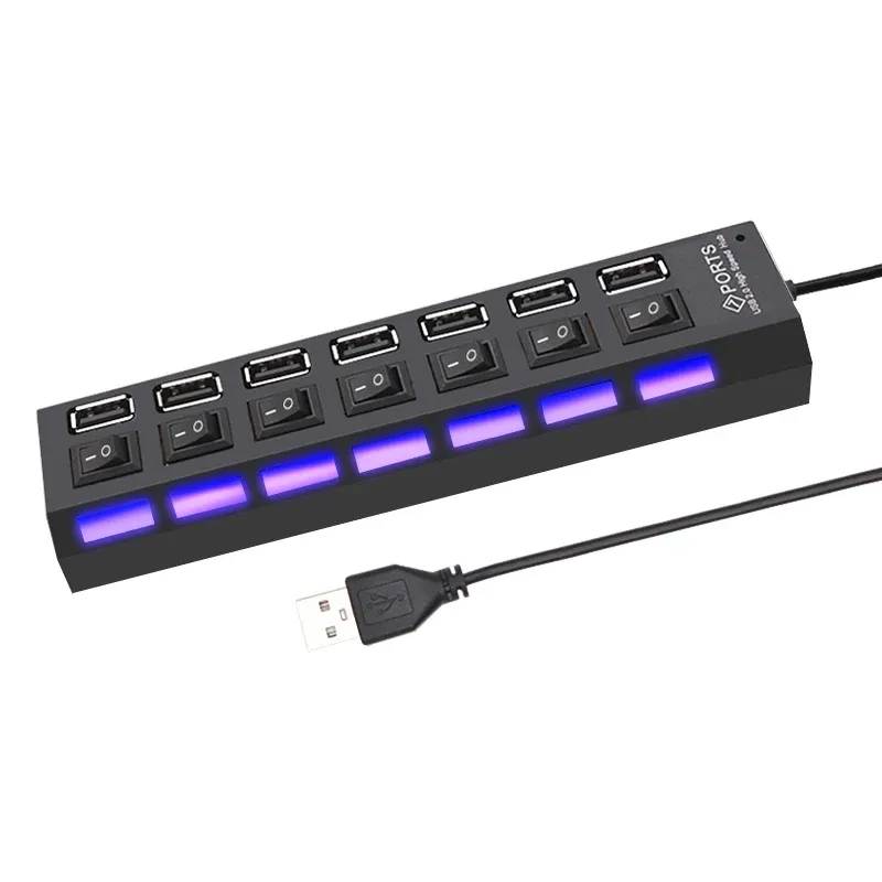Hub USB multiport avec interrupteur pour PC, adaptateur secteur, extension USB 2.0 à 4/7 ports 3