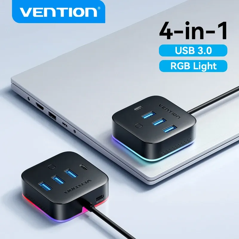 Hub USB 3.0 RGB Vention avec interrupteur lumineux, USB-C 3.2 Gen1 5 Gbps, adaptateur hub de bureau pour PC, accessoire d'ordinateur portable, répartiteur USB extenseur