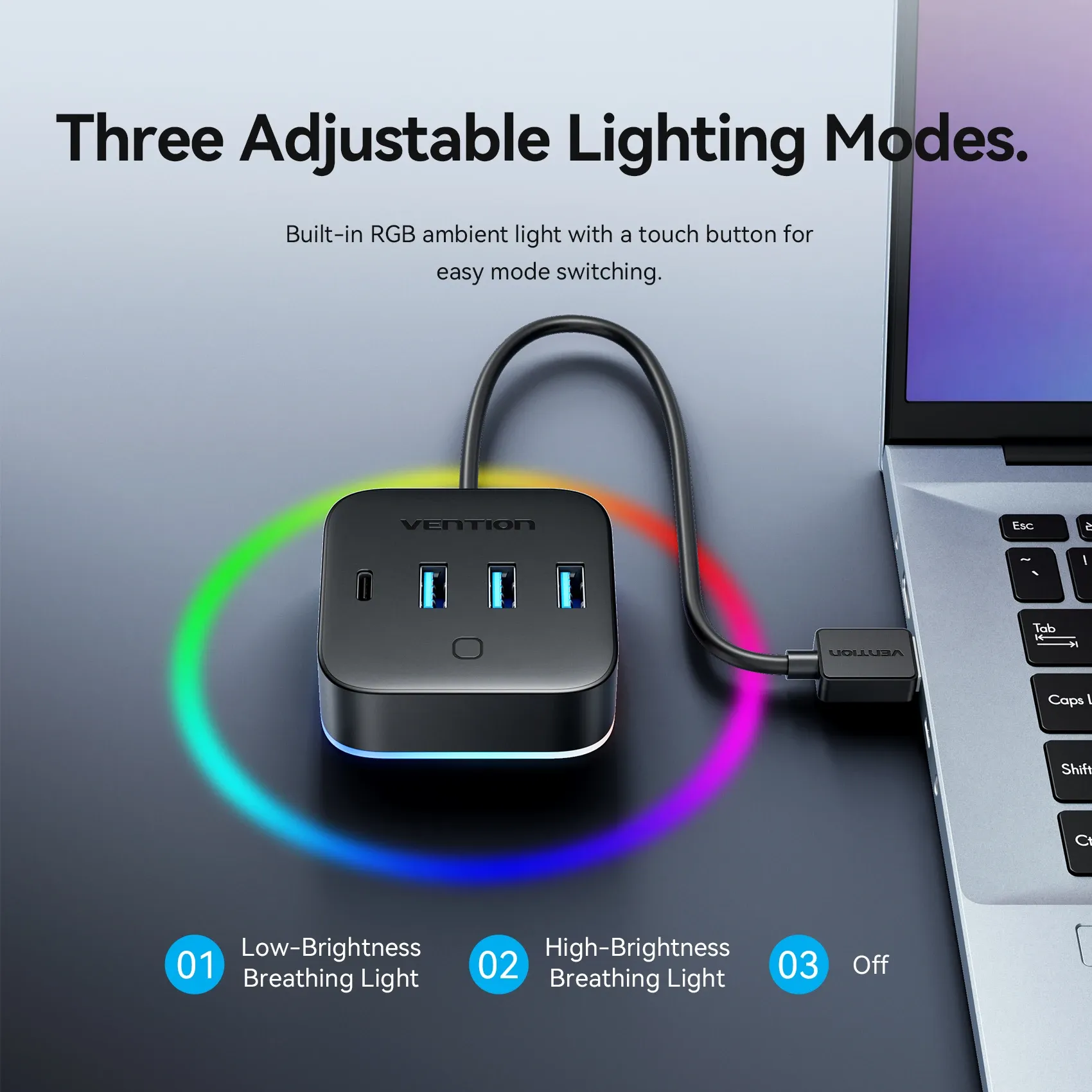 Hub USB 3.0 RGB Vention avec interrupteur lumineux, USB-C 3.2 Gen1 5 Gbps, adaptateur hub de bureau pour PC, accessoire d'ordinateur portable, répartiteur USB extenseur 3