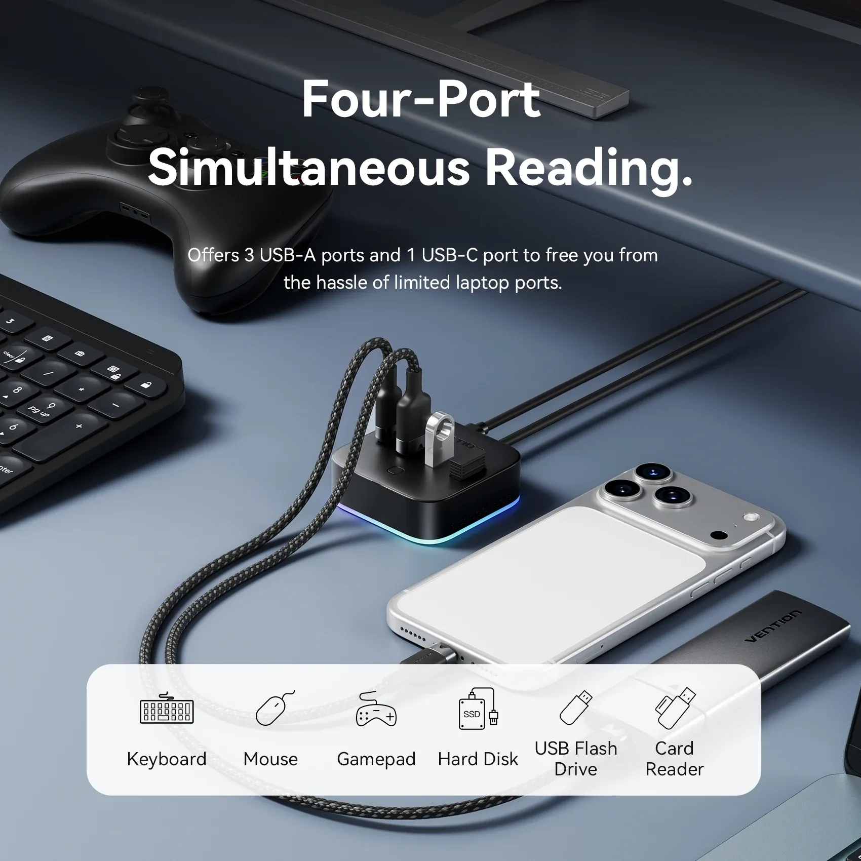 Hub USB 3.0 RGB Vention avec interrupteur lumineux, USB-C 3.2 Gen1 5 Gbps, adaptateur hub de bureau pour PC, accessoire d'ordinateur portable, répartiteur USB extenseur 4