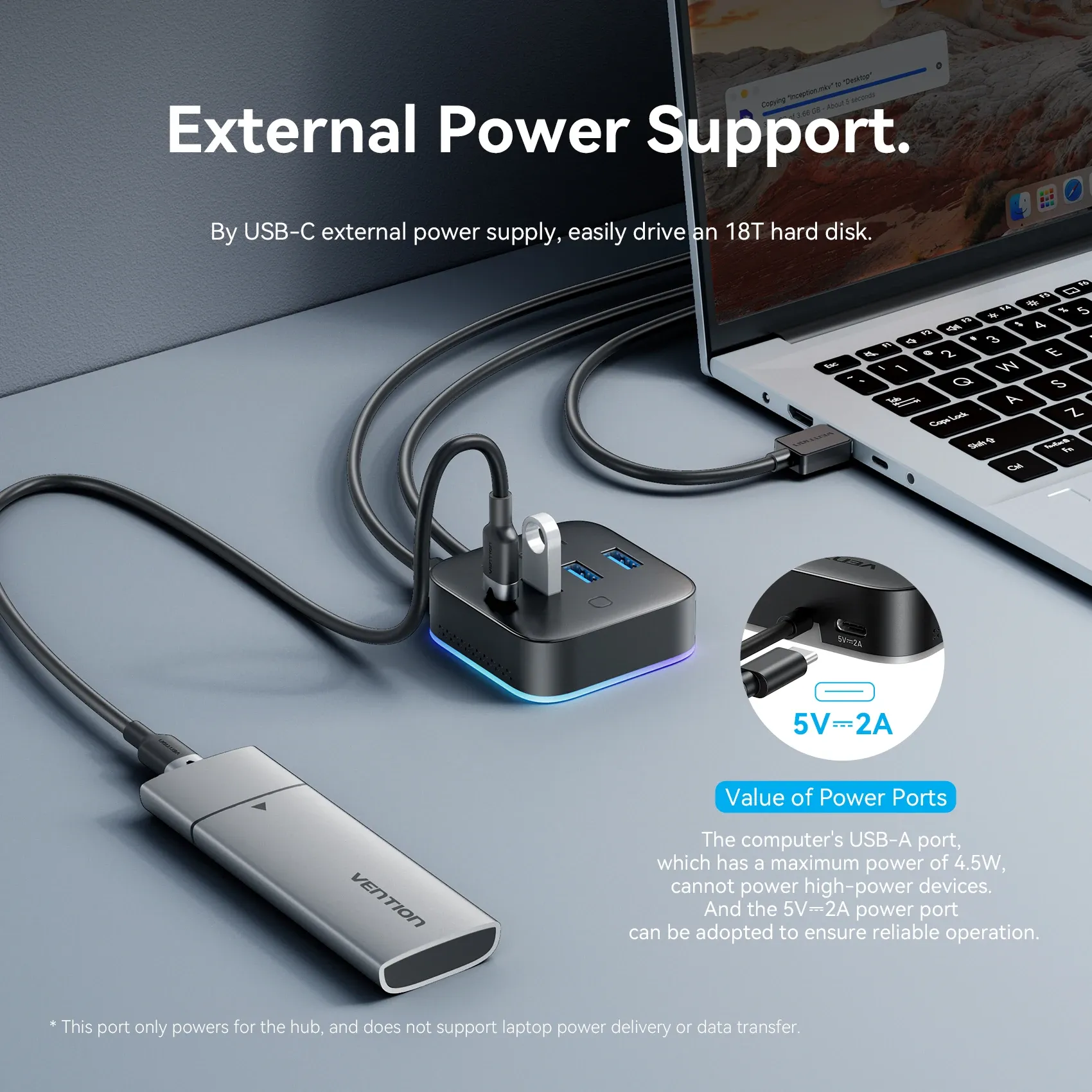 Hub USB 3.0 RGB Vention avec interrupteur lumineux, USB-C 3.2 Gen1 5 Gbps, adaptateur hub de bureau pour PC, accessoire d'ordinateur portable, répartiteur USB extenseur 6