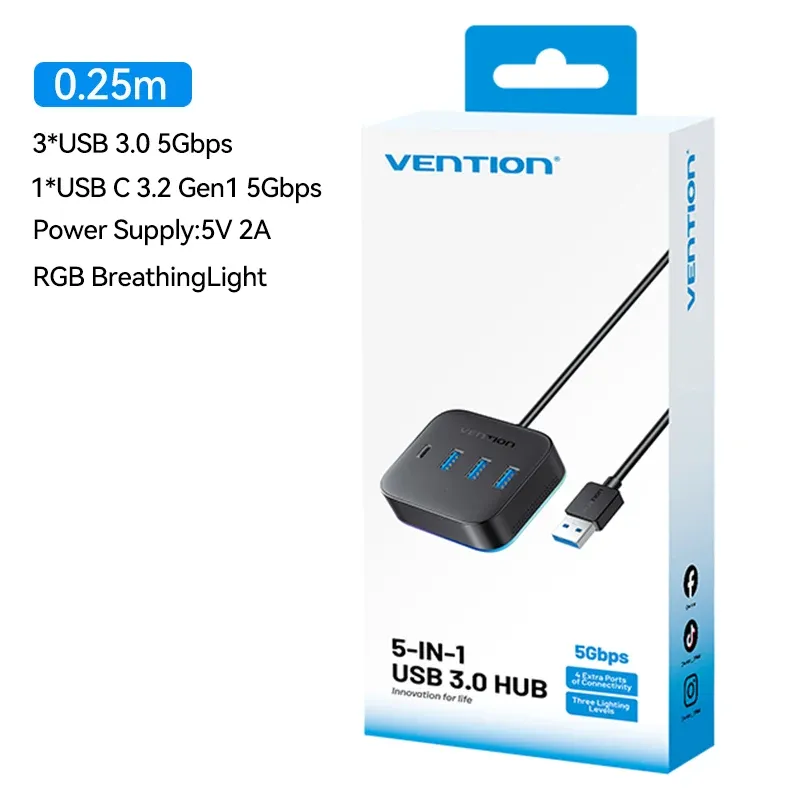 Hub USB 3.0 RGB Vention avec interrupteur lumineux, USB-C 3.2 Gen1 5 Gbps, adaptateur hub de bureau pour PC, accessoire d'ordinateur portable, répartiteur USB extenseur 8