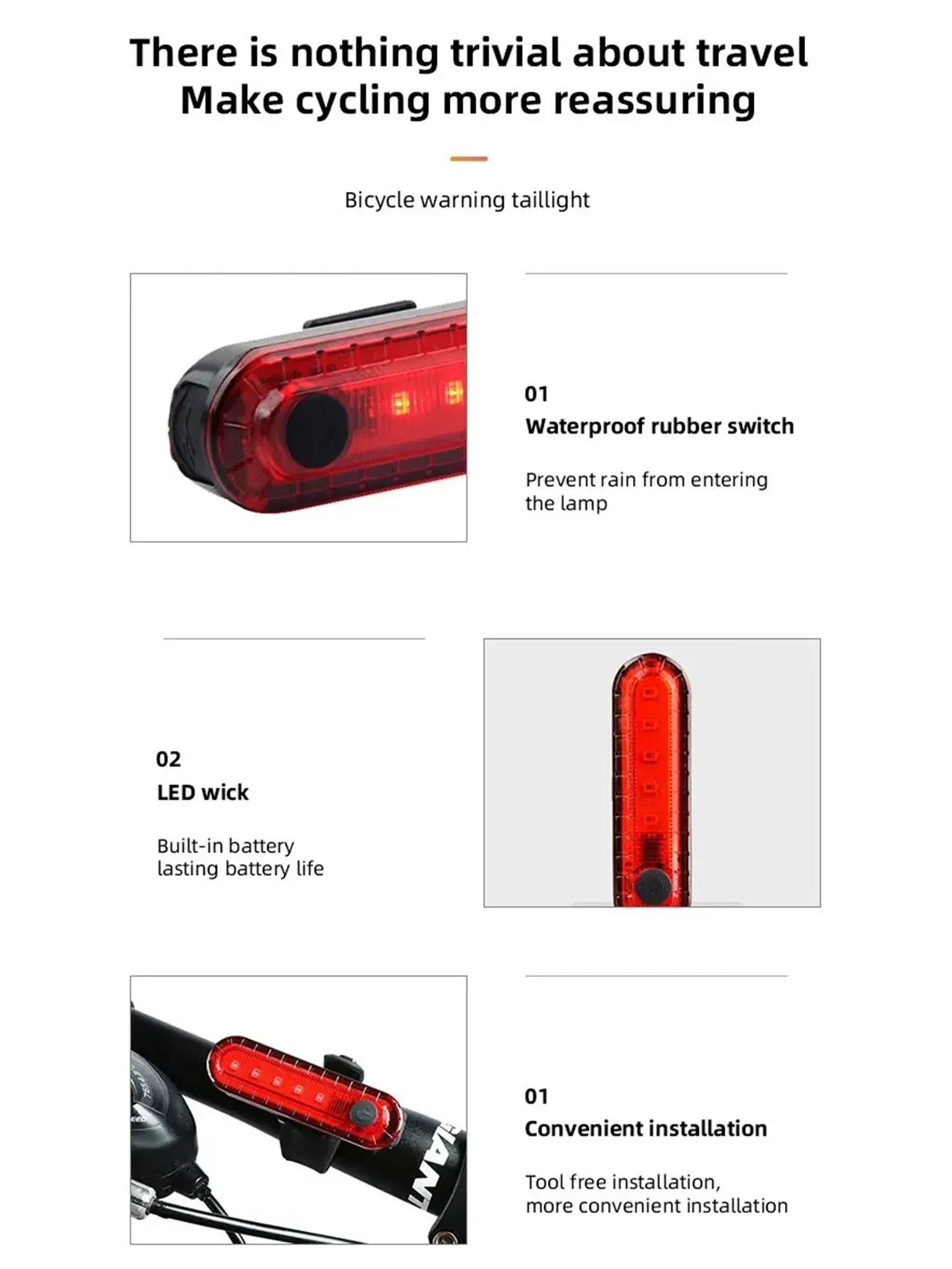 Feu arrière rouge pour vélo, sous la pluie