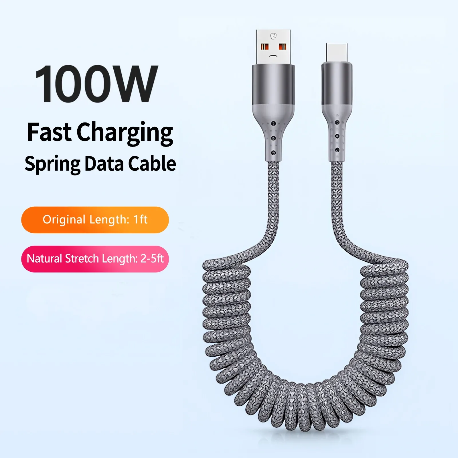 Câble de charge USB-A vers USB-C spiralé à angle droit 90° pour voiture, tressé, charge rapide, compatible iPhone 17 et Samsung Galaxy S24 2
