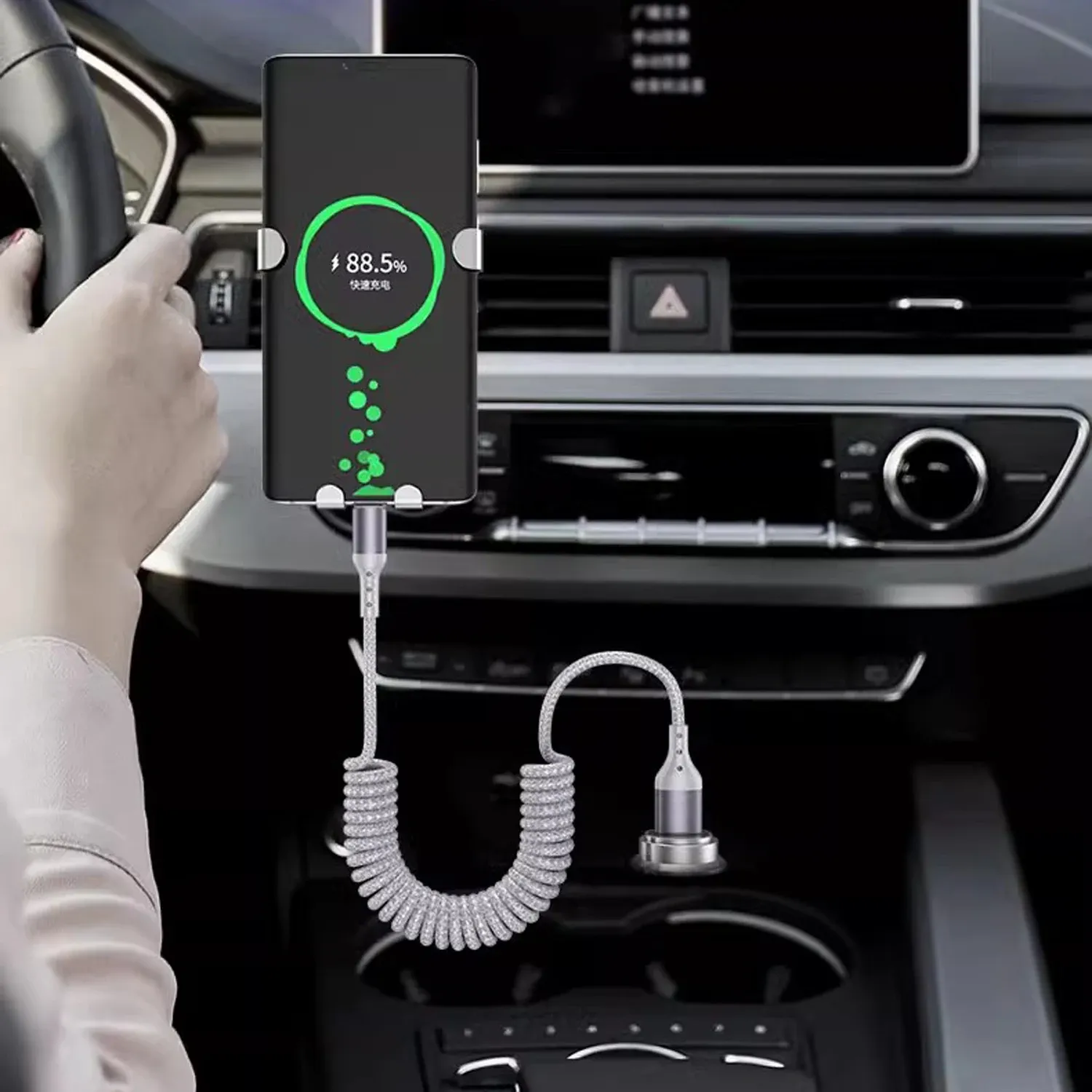 Câble de charge USB-A vers USB-C spiralé à angle droit 90° pour voiture, tressé, charge rapide, compatible iPhone 17 et Samsung Galaxy S24 3