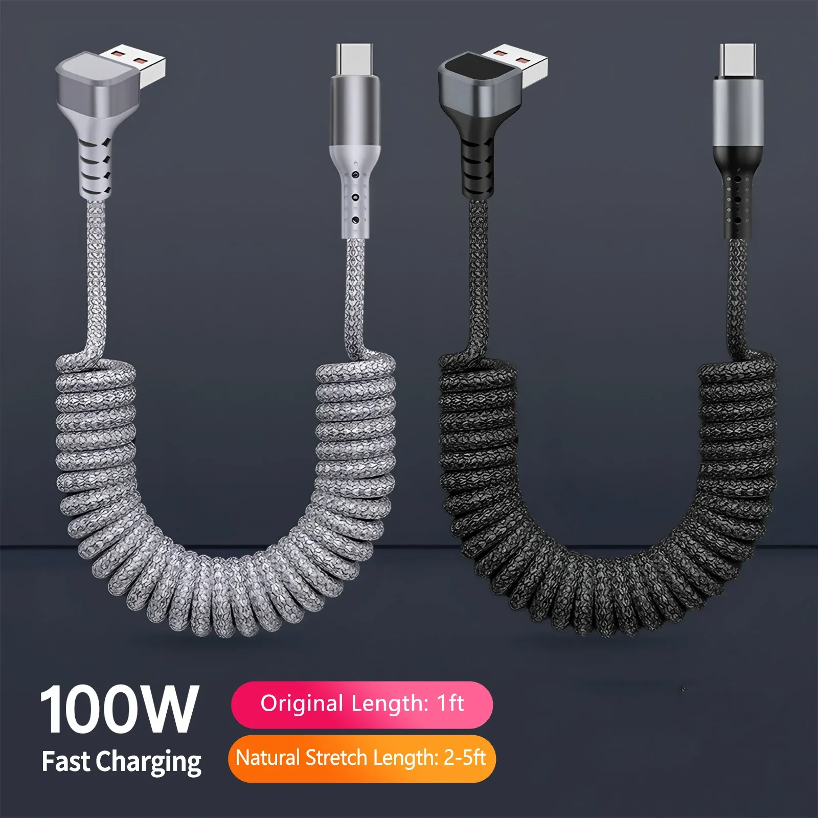 Câble de charge USB-A vers USB-C spiralé à angle droit 90° pour voiture, tressé, charge rapide, compatible iPhone 17 et Samsung Galaxy S24