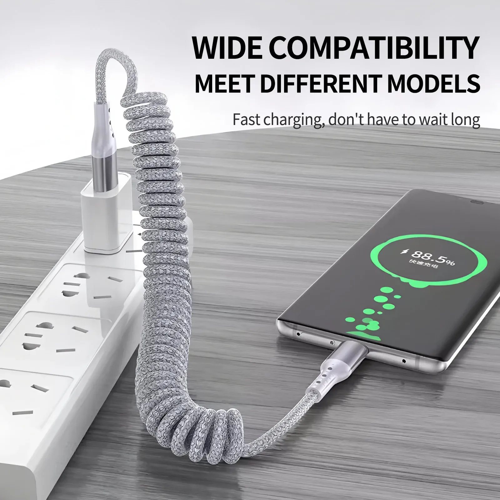 Câble de charge USB-A vers USB-C spiralé à angle droit 90° pour voiture, tressé, charge rapide, compatible iPhone 17 et Samsung Galaxy S24 4