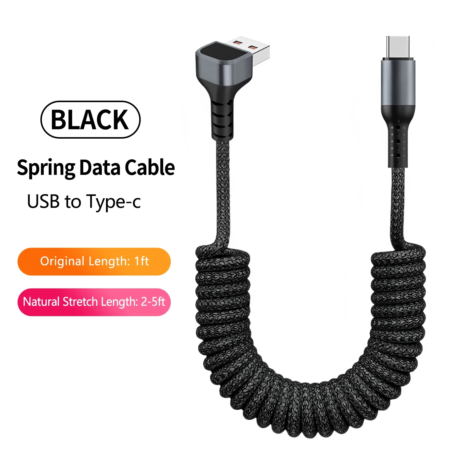Câble de charge USB-A vers USB-C spiralé à angle droit 90° pour voiture, tressé, charge rapide, compatible iPhone 17 et Samsung Galaxy S24 22