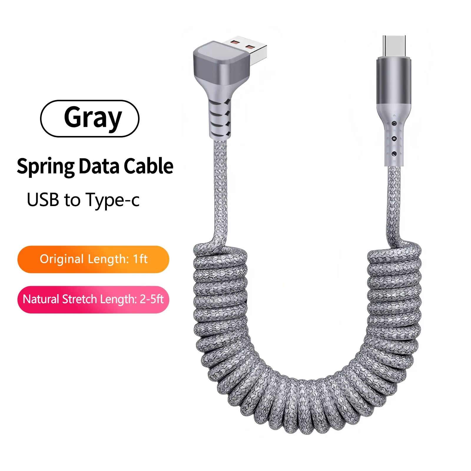 Câble de charge USB-A vers USB-C spiralé à angle droit 90° pour voiture, tressé, charge rapide, compatible iPhone 17 et Samsung Galaxy S24 18