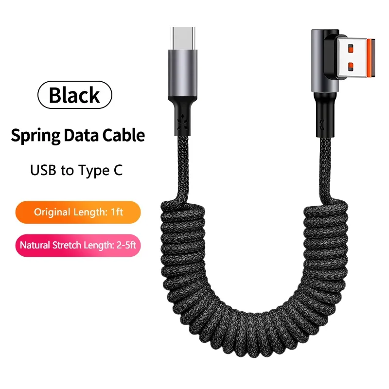 Câble de charge USB-A vers USB-C spiralé à angle droit 90° pour voiture, tressé, charge rapide, compatible iPhone 17 et Samsung Galaxy S24 17