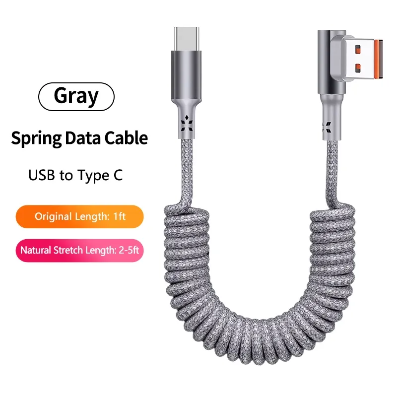 Câble de charge USB-A vers USB-C spiralé à angle droit 90° pour voiture, tressé, charge rapide, compatible iPhone 17 et Samsung Galaxy S24 10