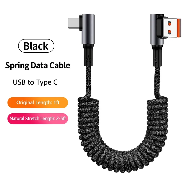 Câble de charge USB-A vers USB-C spiralé à angle droit 90° pour voiture, tressé, charge rapide, compatible iPhone 17 et Samsung Galaxy S24 13