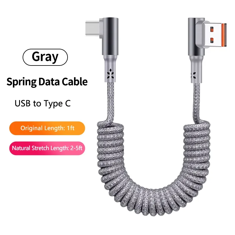 Câble de charge USB-A vers USB-C spiralé à angle droit 90° pour voiture, tressé, charge rapide, compatible iPhone 17 et Samsung Galaxy S24 7