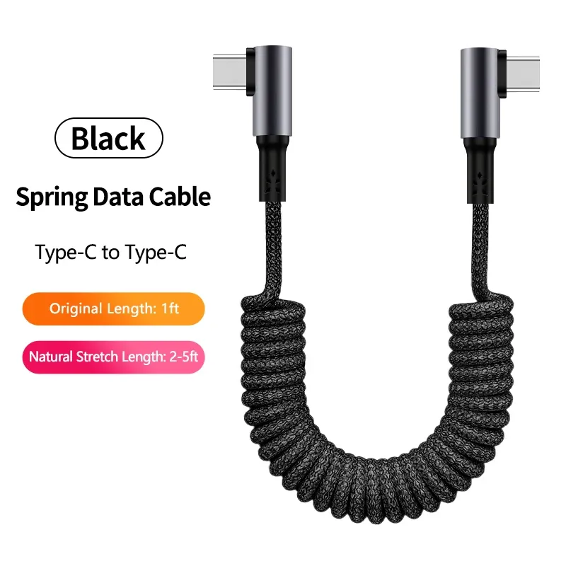 Câble de charge USB-A vers USB-C spiralé à angle droit 90° pour voiture, tressé, charge rapide, compatible iPhone 17 et Samsung Galaxy S24 8