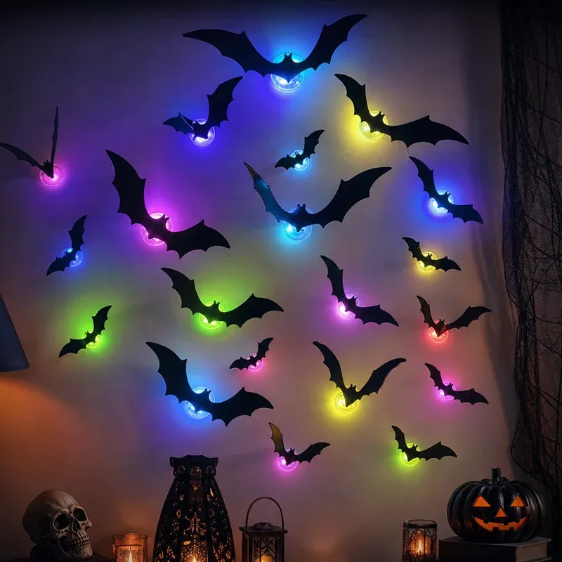 Autocollants muraux LED chauves-souris violets pour Halloween, effet 3D phosphorescent, auto-adhésifs, veilleuse décorative pour maison hantée ou fête