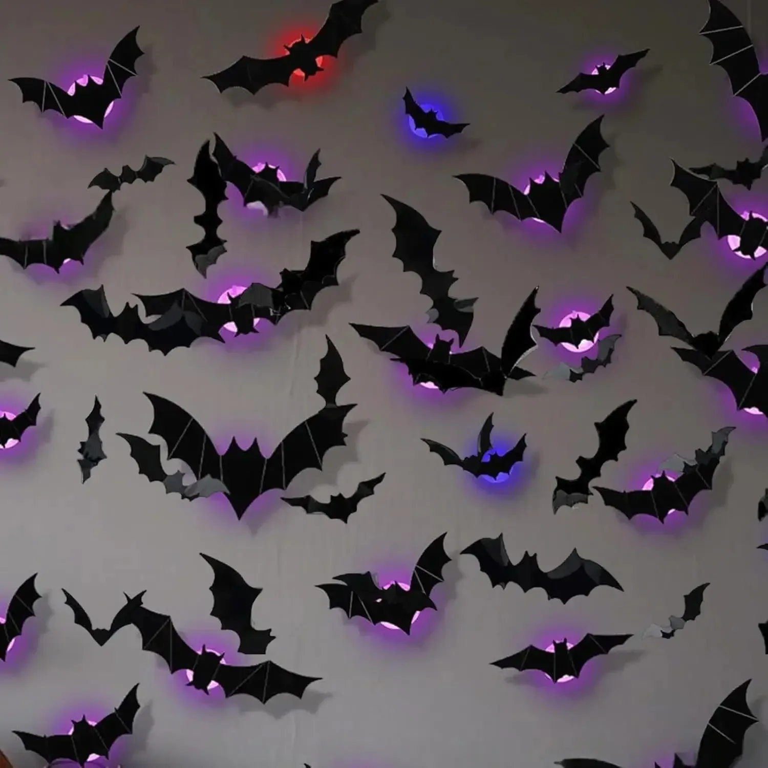 Autocollants muraux LED chauves-souris violets pour Halloween, effet 3D phosphorescent, auto-adhésifs, veilleuse décorative pour maison hantée ou fête 3