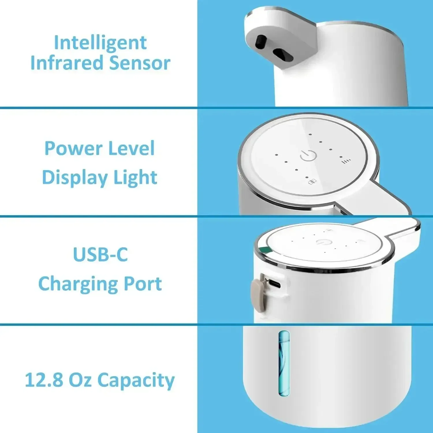 Distributeur automatique de savon moussant sans contact, 380 ml, rechargeable par USB, électrique, 4 niveaux réglables, pour la maison 3