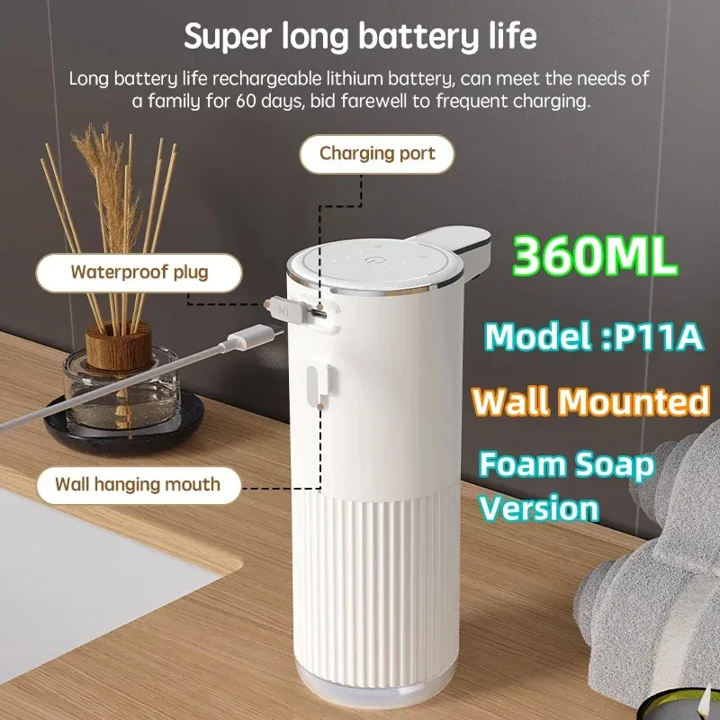 Distributeur automatique de savon moussant sans contact, 380 ml, rechargeable par USB, électrique, 4 niveaux réglables, pour la maison 15