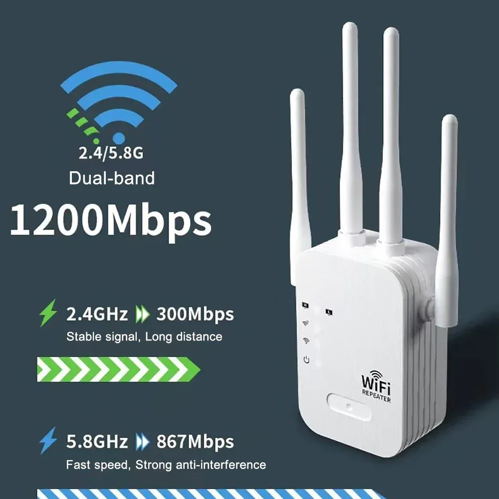 Répéteur WiFi 1200 Mbps double bande 2,4 GHz / 5 GHz, amplificateur de signal longue portée