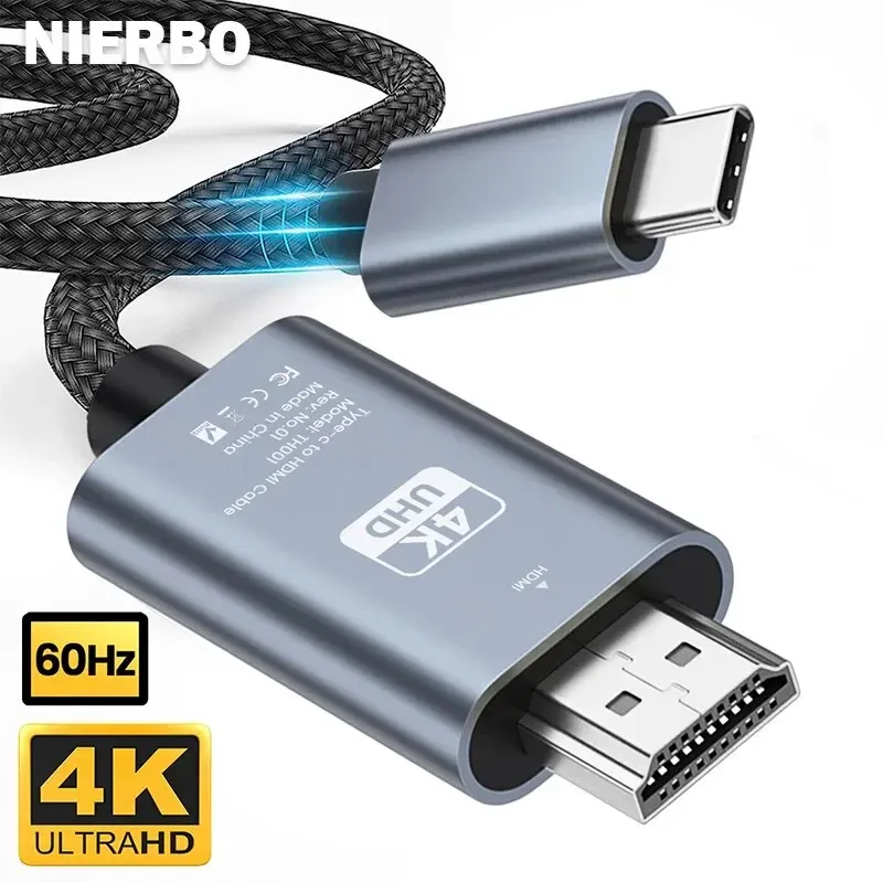 NIERBO Câble adaptateur USB-C vers HDMI tressé 4K 60 Hz, 2 m, compatible MacBook, Pixel, iPad et Dell