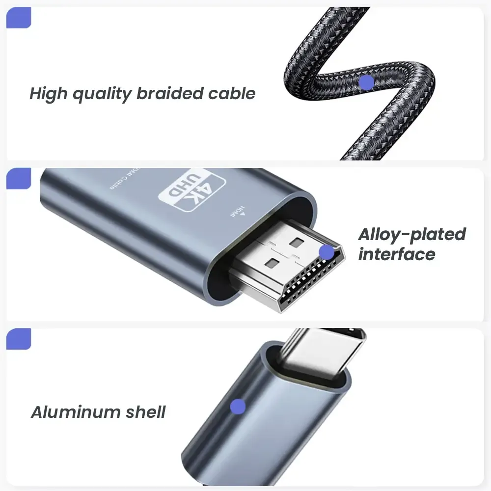 NIERBO Câble adaptateur USB-C vers HDMI tressé 4K 60 Hz, 2 m, compatible MacBook, Pixel, iPad et Dell 4