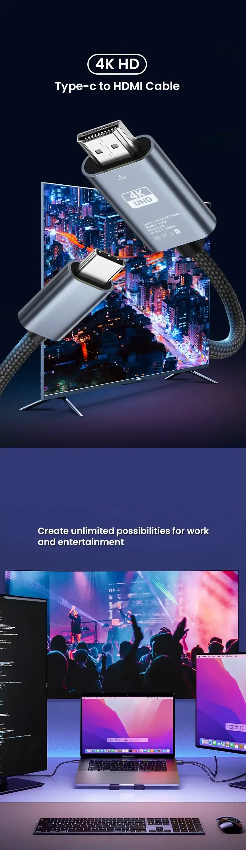Câble USB-C vers HDMI tressé, vue d'ensemble du produit