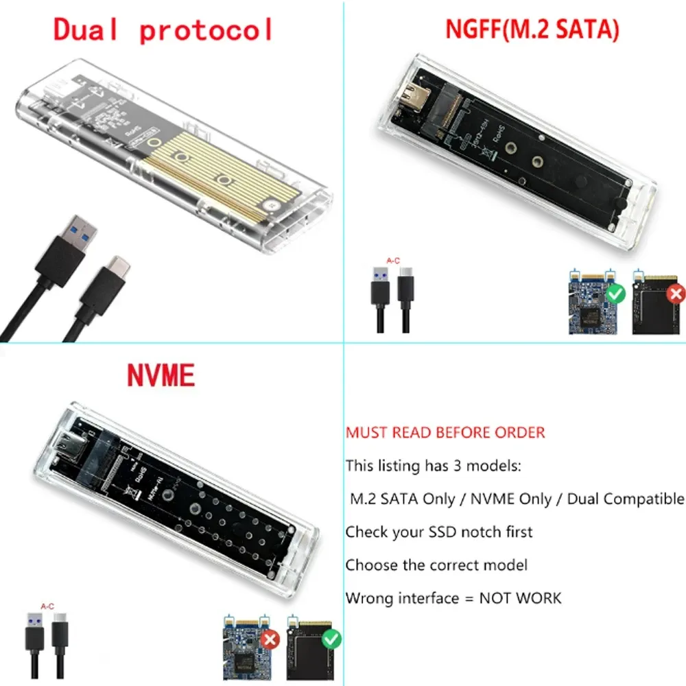 Boîtier SSD M.2 NVMe PCIe NGFF et SATA double protocole, transparent, USB Type-C, boîtier externe transparent pour disque SSD M.2 7