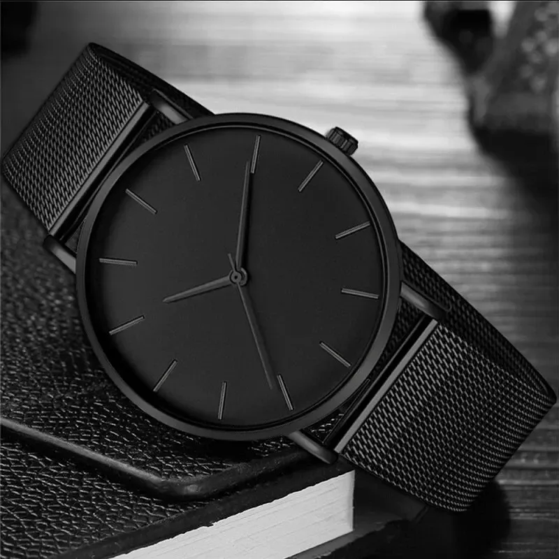 Montre minimaliste pour homme, ultra fine, élégante, à quartz, bracelet en maille d'acier inoxydable 3