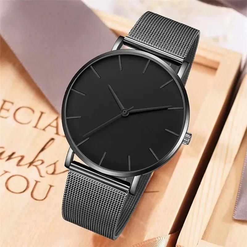 Montre minimaliste pour homme, ultra fine, élégante, à quartz, bracelet en maille d'acier inoxydable 4