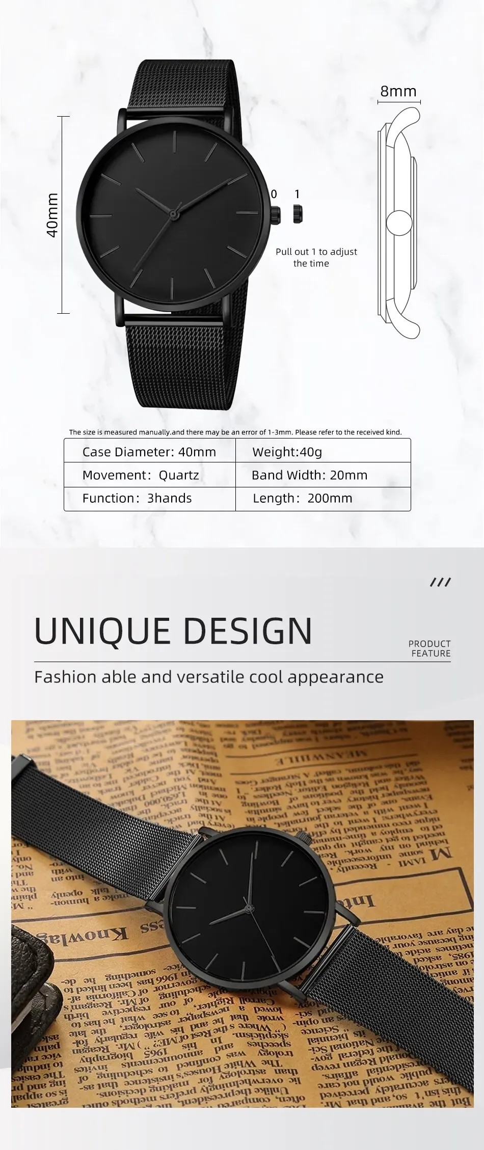 Détail du cadran de la montre minimaliste