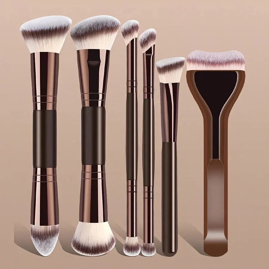 Ensemble de 6 pinceaux de maquillage double embout : fond de teint, anticernes et contour, idéal pour débutants, sans gaspillage de poudre | Beauty T - Image 1
