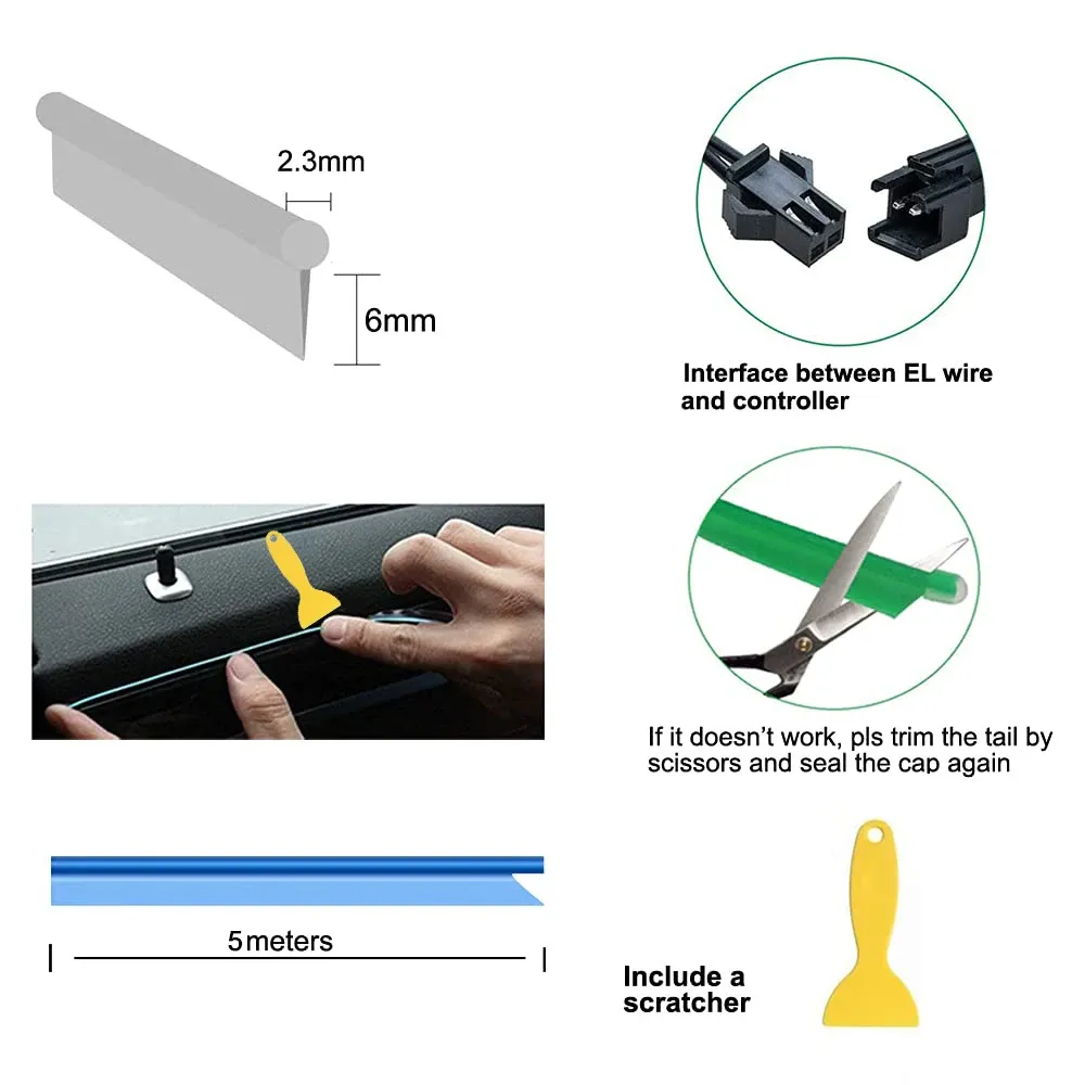 Bande lumineuse LED néon pour habitacle de voiture, 5 m, câblage EL, lampe décorative flexible pour bricolage automobile, éclairage d'ambiance USB 4