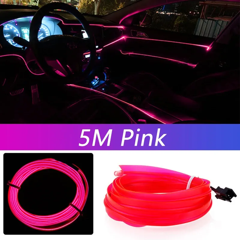 Bande lumineuse LED néon pour habitacle de voiture, 5 m, câblage EL, lampe décorative flexible pour bricolage automobile, éclairage d'ambiance USB 15