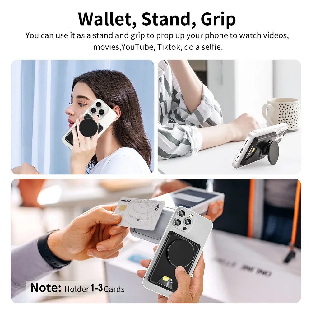 Portefeuille magnétique universel avec poignée extensible pour téléphone, porte-cartes solide compatible iPhone et Samsung 6