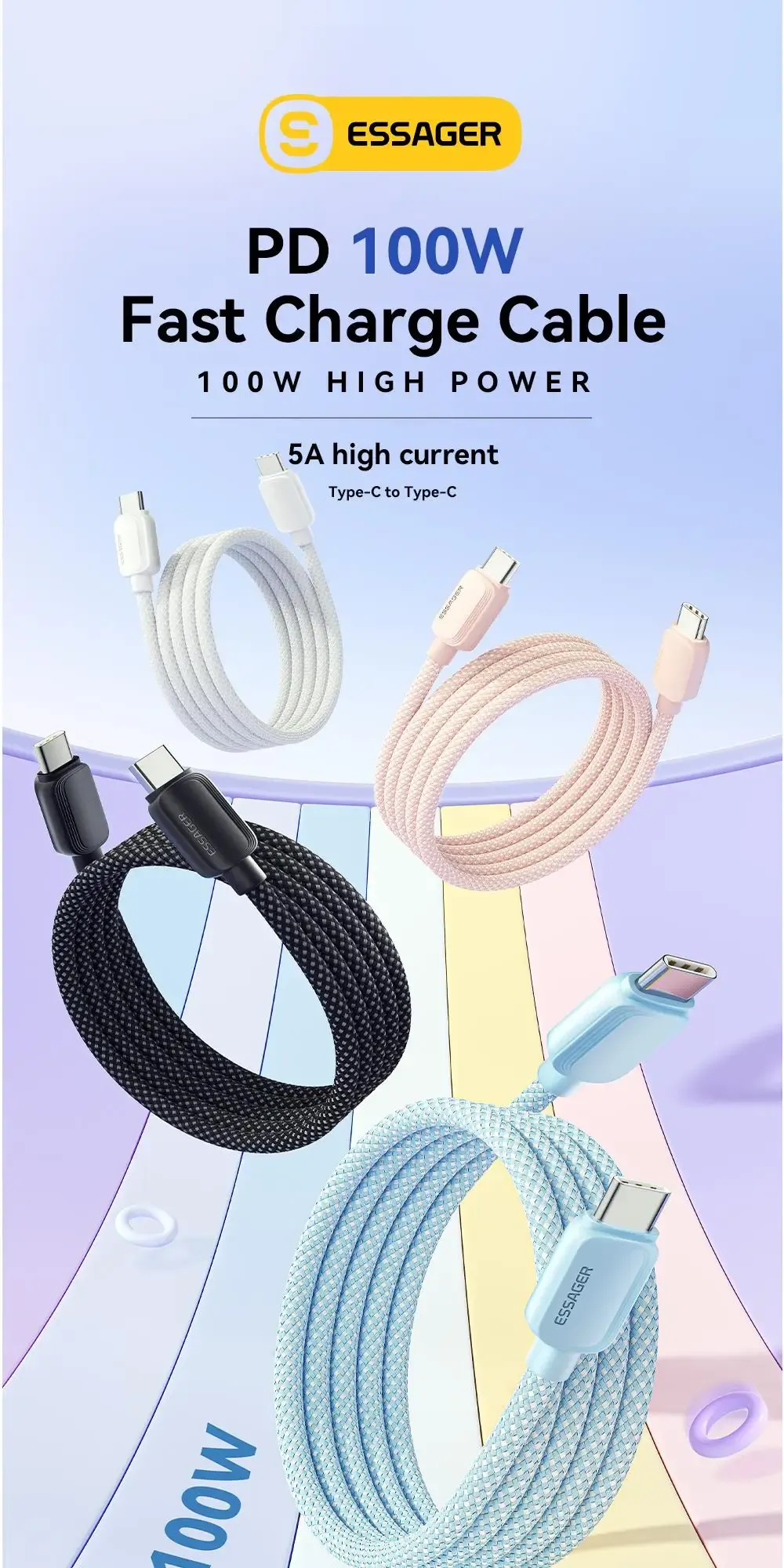 Câble Essager USB-C vers USB-C, vue d'ensemble