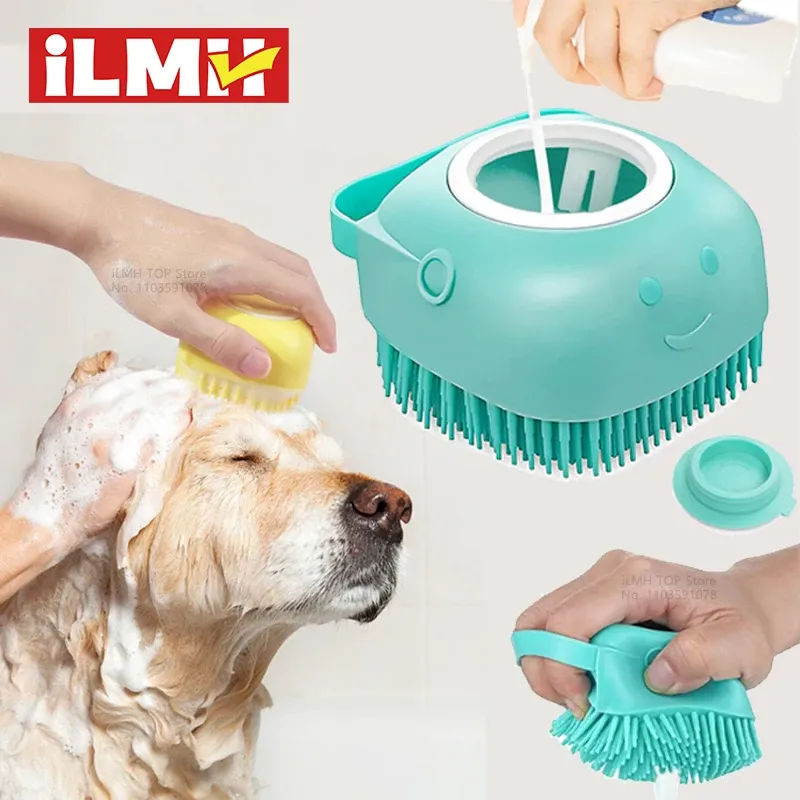 Brosse de bain en silicone souple pour animaux de compagnie, avec distributeur de shampoing, poils en caoutchouc massants, outil de toilettage pour chiens et chats - Image 1