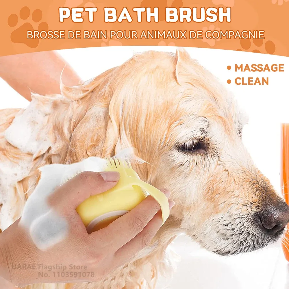Brosse de bain en silicone souple pour animaux de compagnie, avec distributeur de shampoing, poils en caoutchouc massants, outil de toilettage pour chiens et chats 3