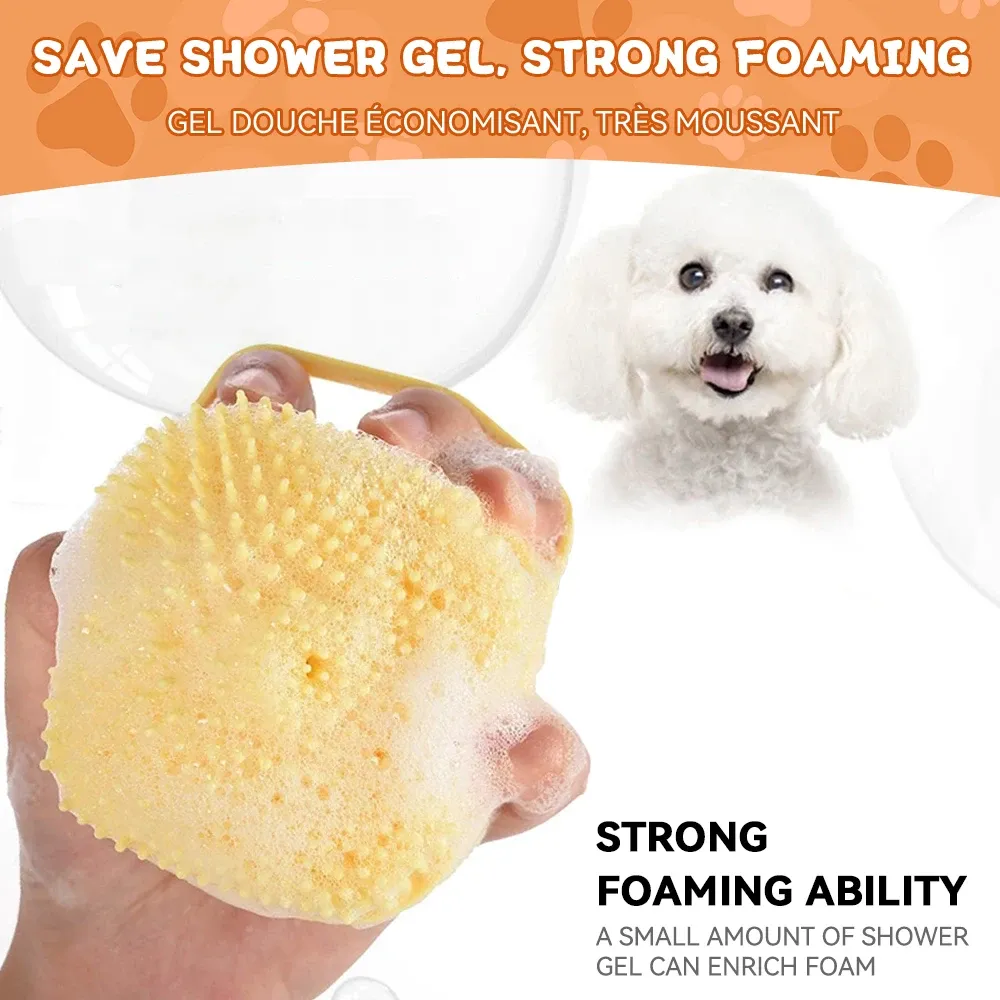 Brosse de bain en silicone souple pour animaux de compagnie, avec distributeur de shampoing, poils en caoutchouc massants, outil de toilettage pour chiens et chats 4
