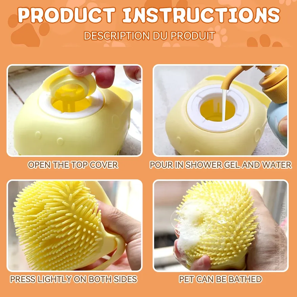 Brosse de bain en silicone souple pour animaux de compagnie, avec distributeur de shampoing, poils en caoutchouc massants, outil de toilettage pour chiens et chats 6