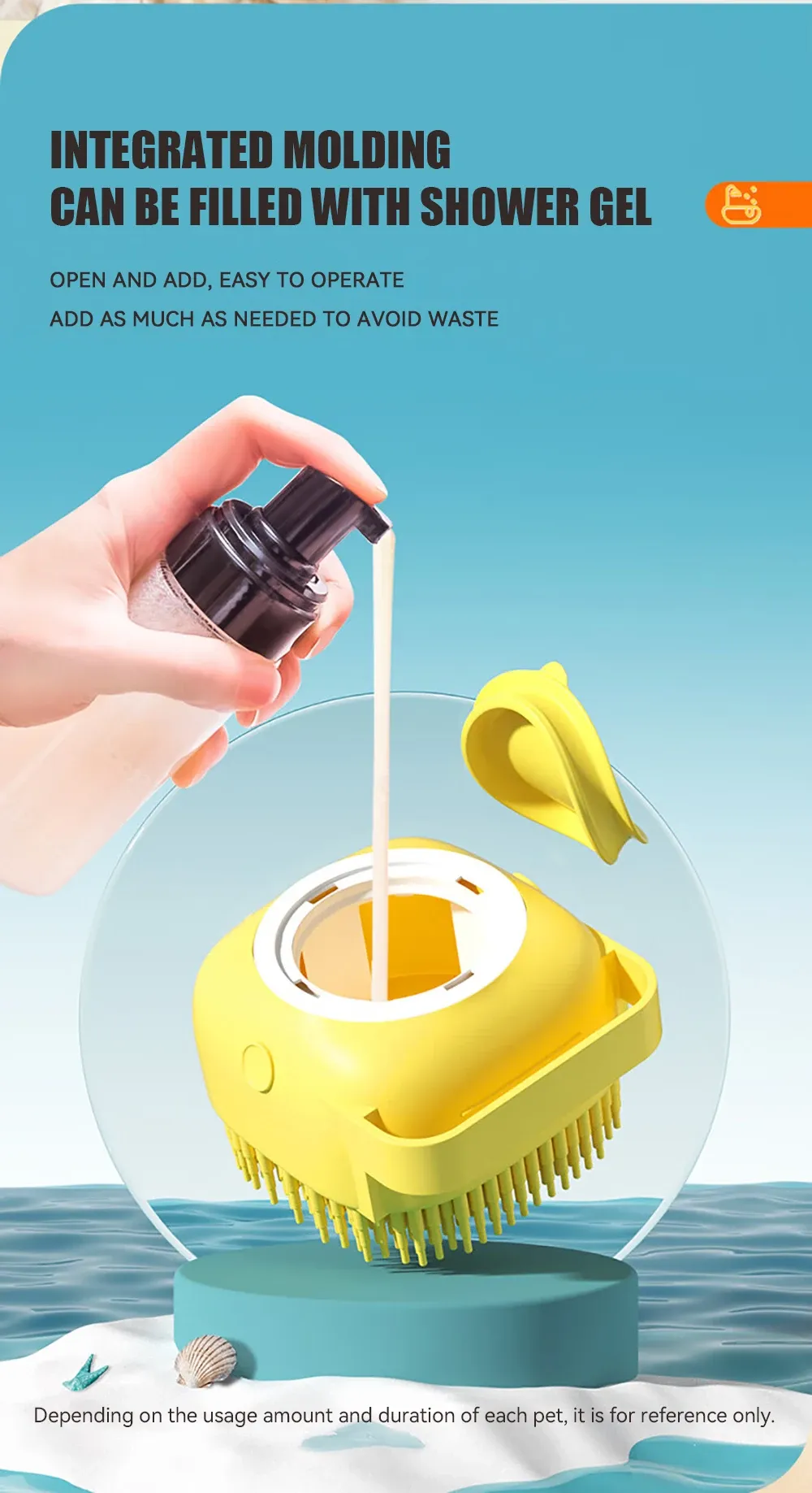 Détail du réservoir de shampooing de la brosse de bain