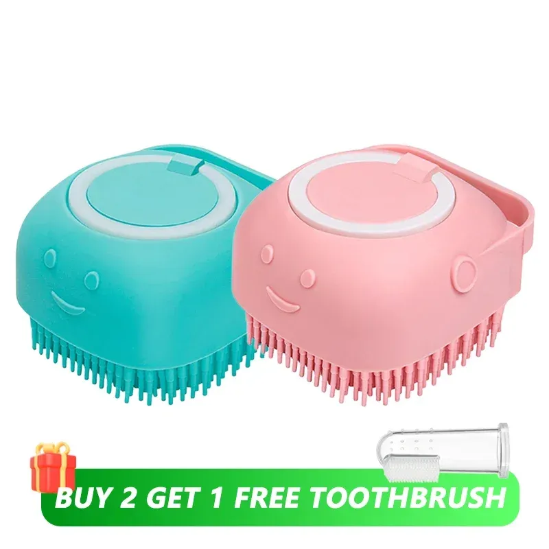 Brosse de bain en silicone souple pour animaux de compagnie, avec distributeur de shampoing, poils en caoutchouc massants, outil de toilettage pour chiens et chats 9