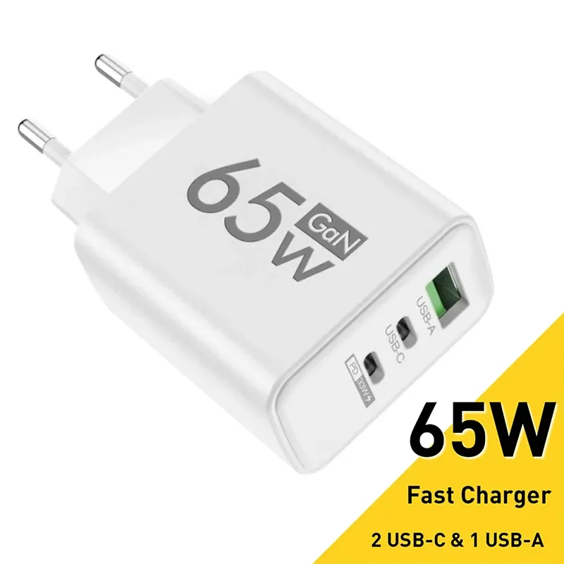 Chargeur mural GaN USB-C à charge rapide 65 W, Power Delivery 3.0, compatible iPhone 15, Xiaomi, Huawei et Samsung – Prises EU, KR, US