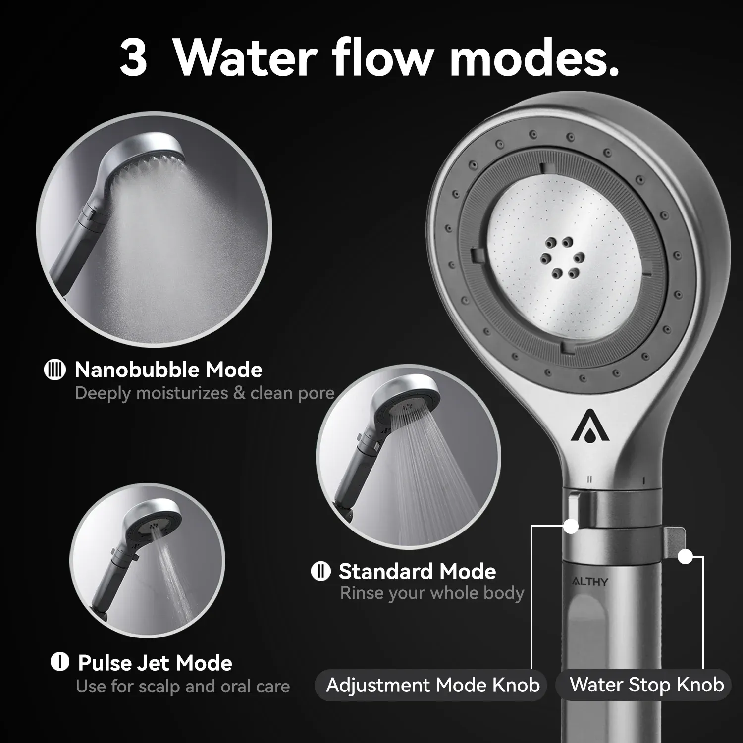 Pommeau de douche à microbulles ALTHY avec filtre à eau et filtre à charbon, élimination du chlore à 99 %, 3 modes de jet, bouton d'arrêt de l'eau 3