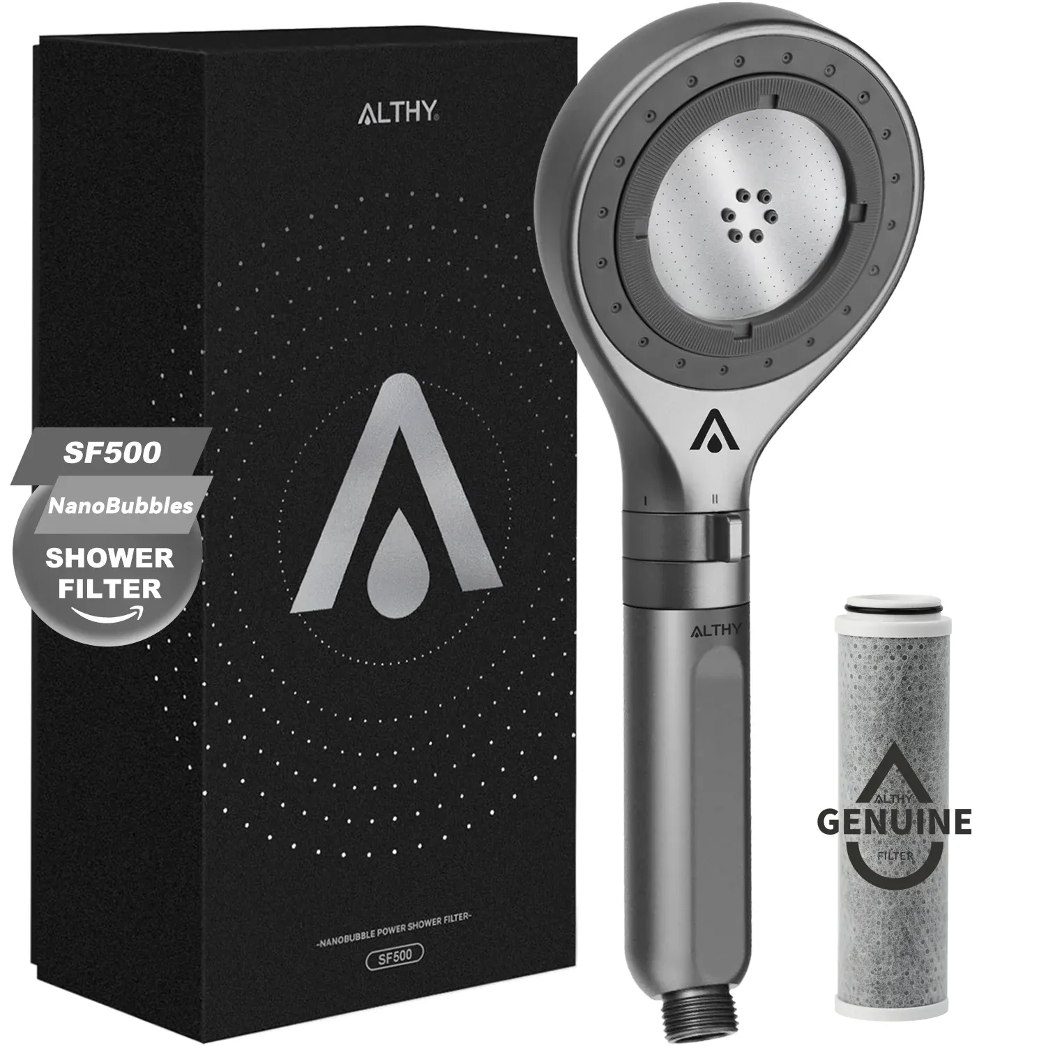 Pommeau de douche à microbulles ALTHY avec filtre à eau et filtre à charbon, élimination du chlore à 99 %, 3 modes de jet, bouton d'arrêt de l'eau - Image 1