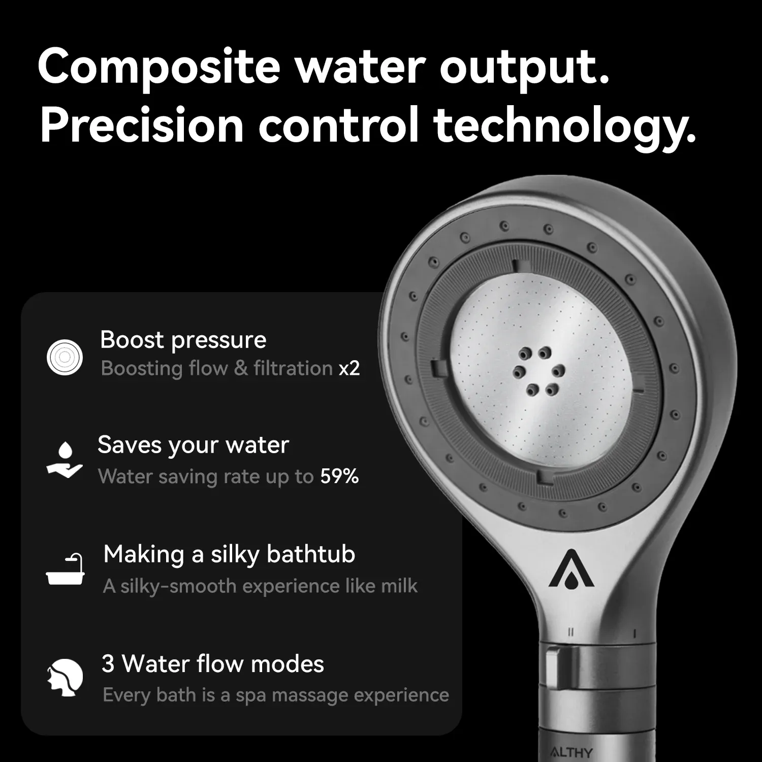 Pommeau de douche à microbulles ALTHY avec filtre à eau et filtre à charbon, élimination du chlore à 99 %, 3 modes de jet, bouton d'arrêt de l'eau 5