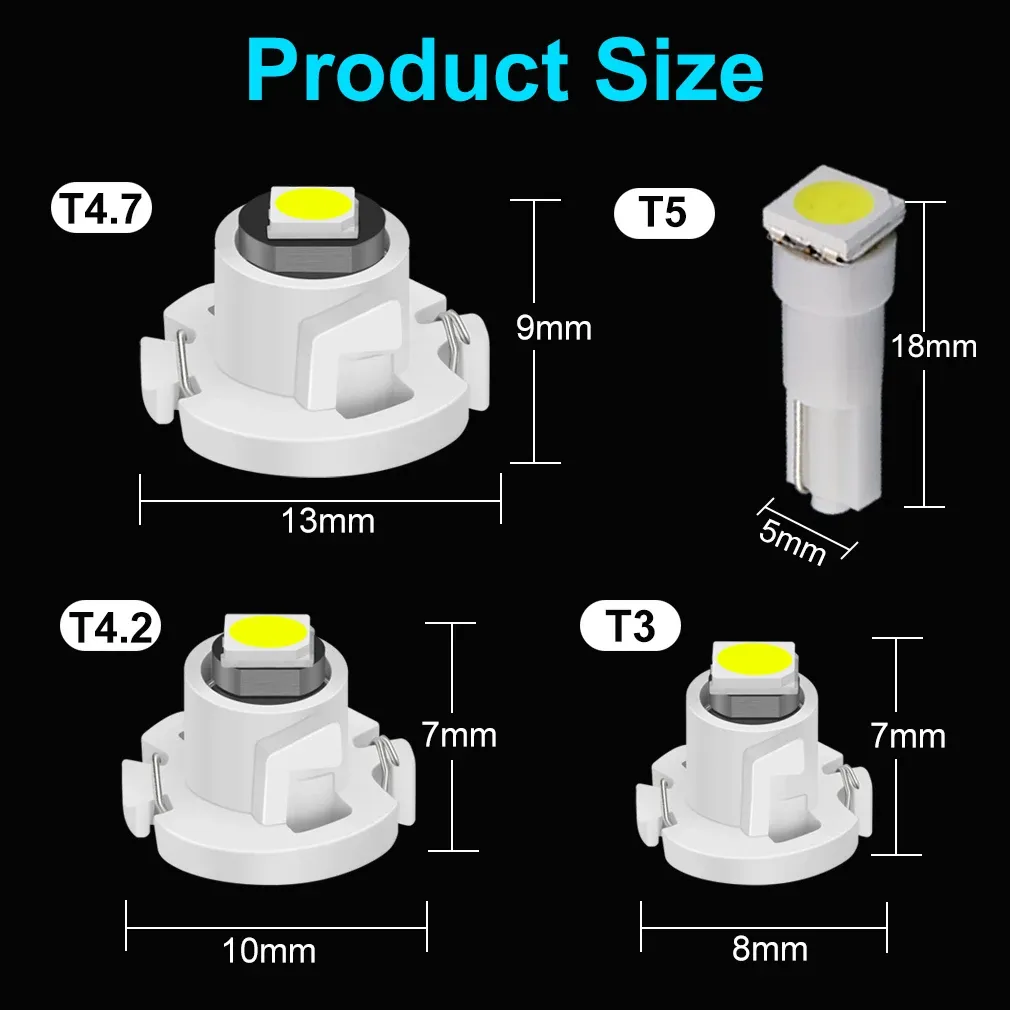 10x Ampoules LED T5 T3 T4.2 T4.7 pour voiture, éclairage intérieur et tableau de bord, 12 V 4