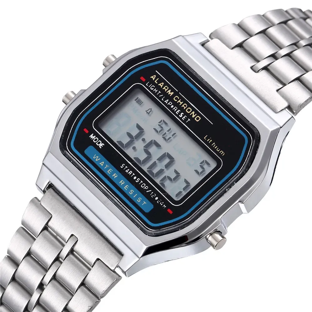 Montre numérique LED de luxe pour homme, montre-bracelet électronique en acier inoxydable, design simple, finition or et argent - Image 1